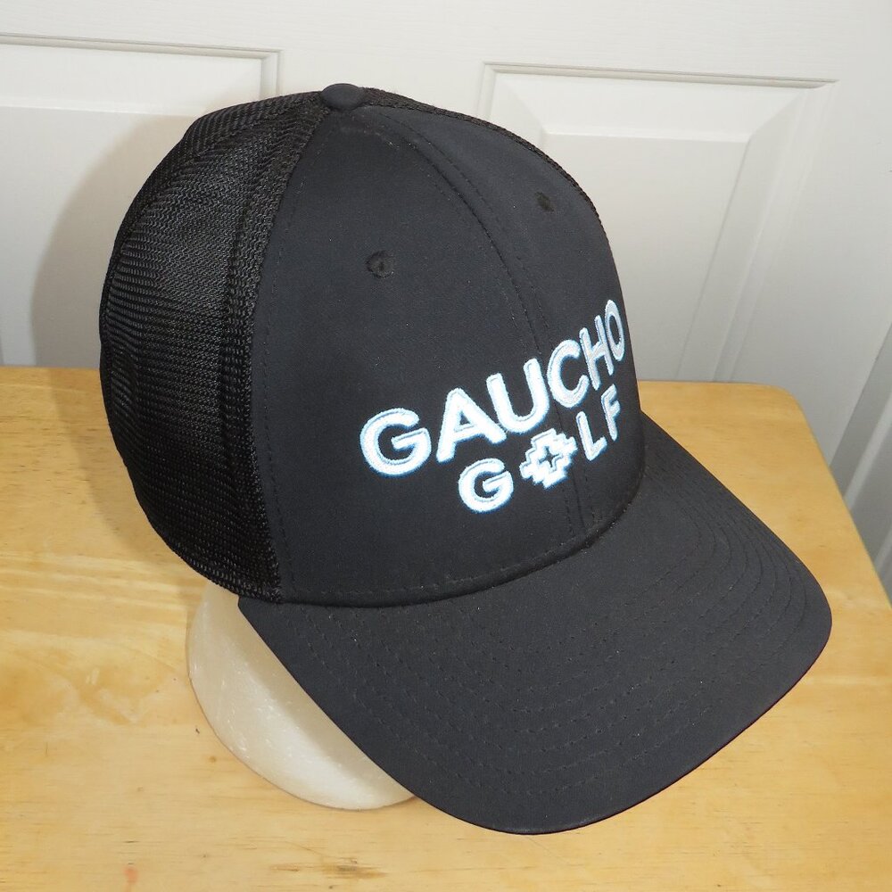 GAUCHO GOLF Snapback Mesh Trucker Hat Black/White/Blue Spellout Logo O/S